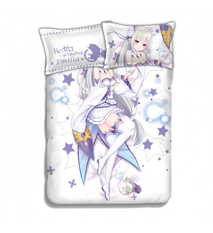 Emilia - Re Zero Anime 4 Pieces Bedding Sets,Bed Sheet Duvet Cover with Pillow Covers